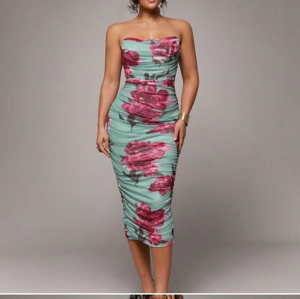 Multicolor Elegant Women's Floral Print Bodycon Ruched Dress